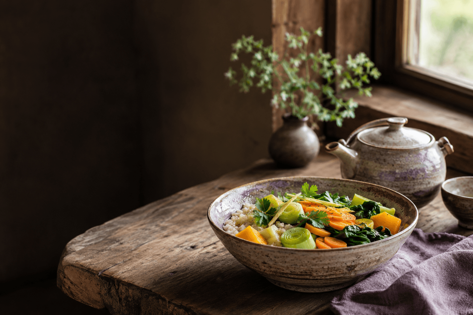 Repas équilibré avec légumes, céréales et poisson