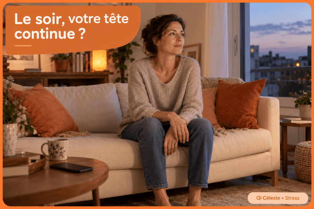 Femme pensive assise sur un canapé le soir, avec le texte « Le soir, votre tête continue ?