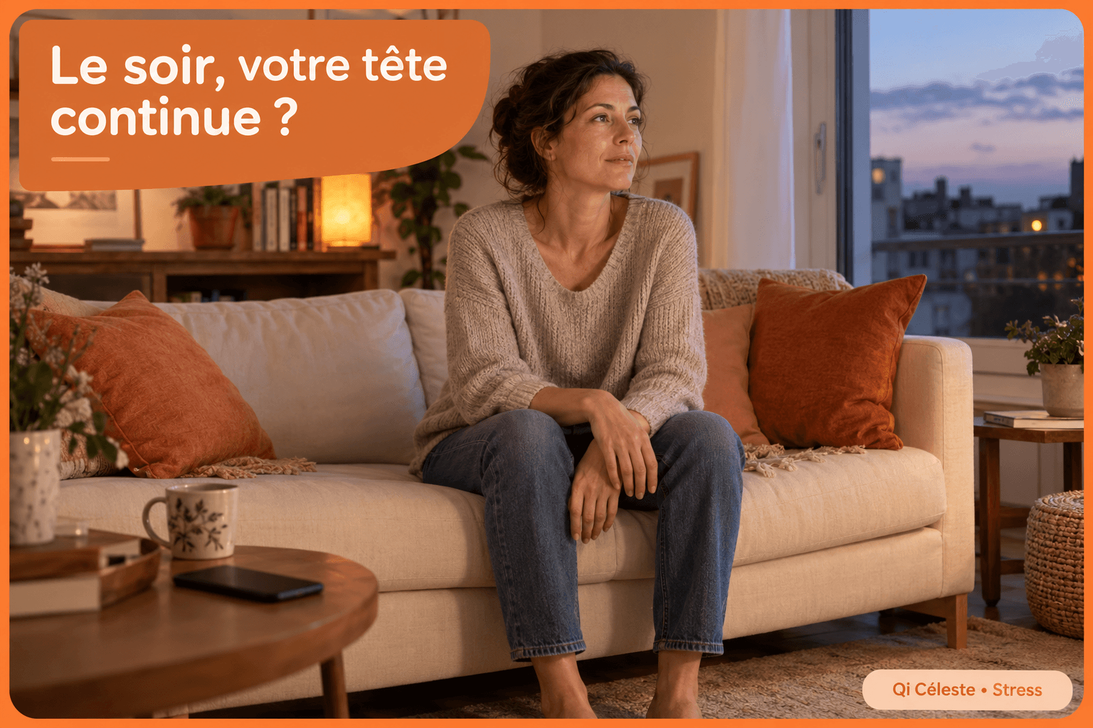 Femme pensive assise sur un canapé le soir, avec le texte « Le soir, votre tête continue ? ».