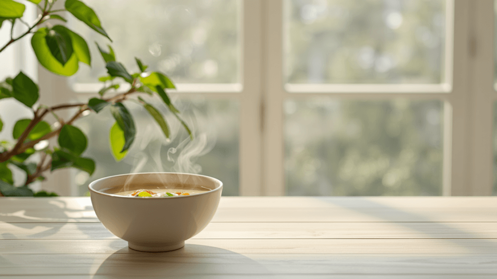 Bol de soupe fumant posé sur une table en bois près d'une fenêtre lumineuse, avec du feuillage vert.