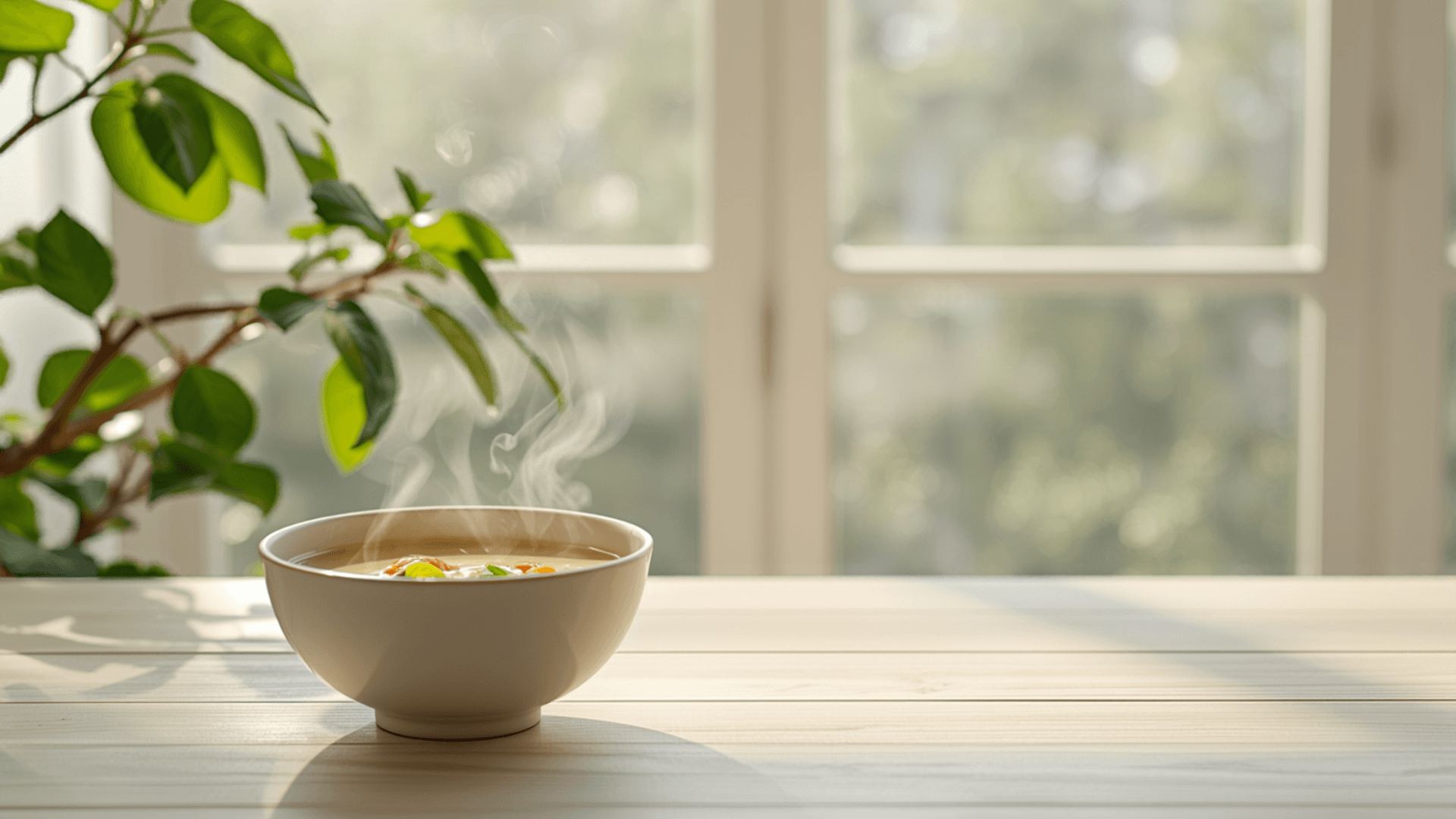 Bol de soupe fumant posé sur une table en bois près d’une fenêtre lumineuse, avec du feuillage vert.