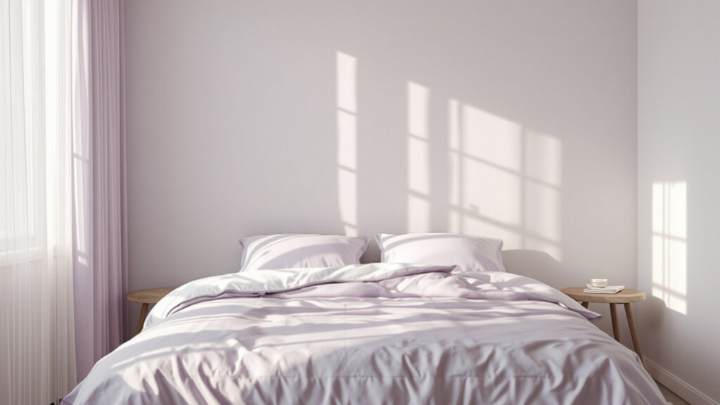 Chambre calme baignée de lumière douce, lit aux draps blancs et mauves, rideau lavande et reflets de fenêtre sur le mur