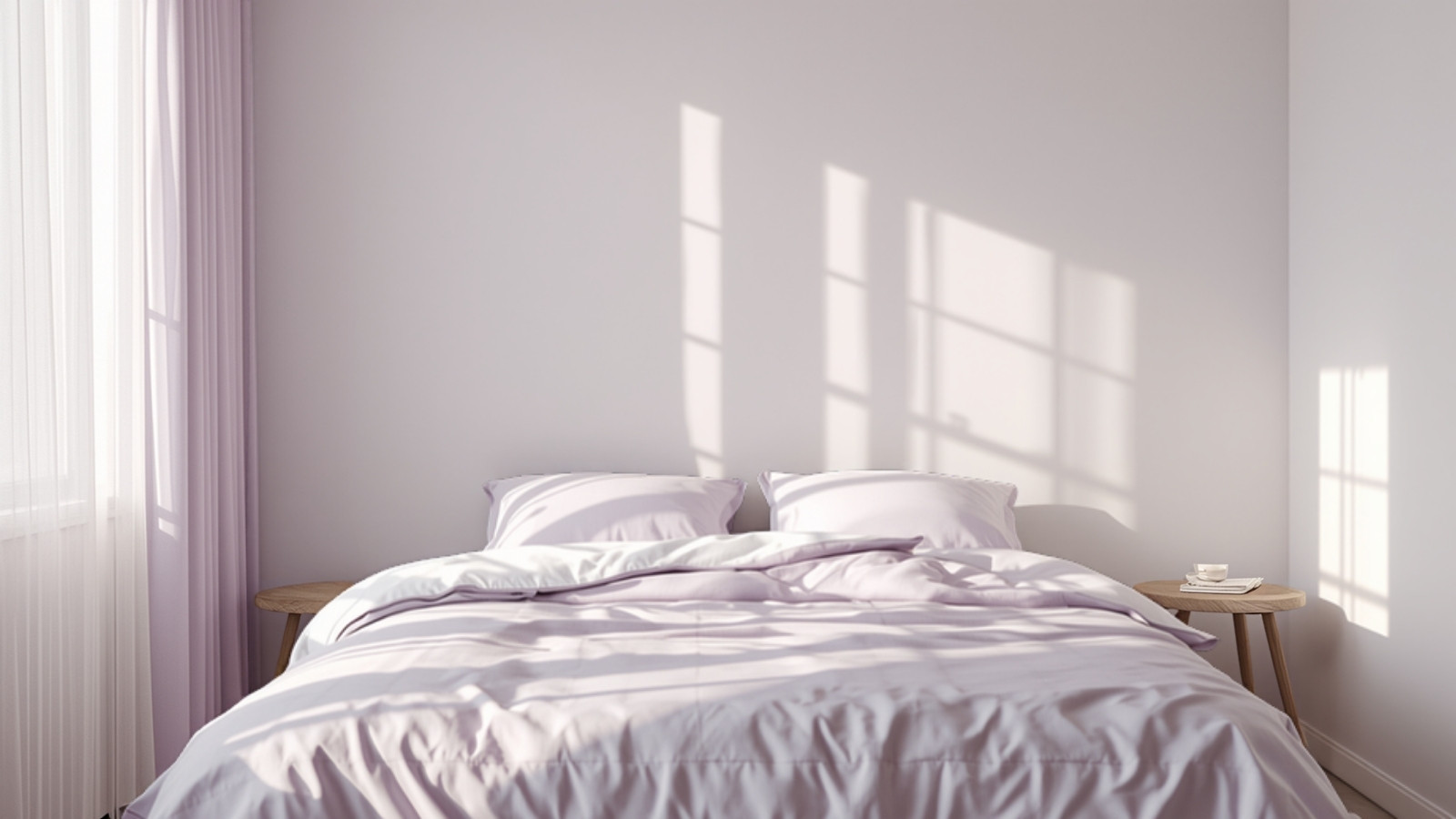 Chambre calme baignée de lumière douce, lit aux draps blancs et mauves, rideau lavande et reflets de fenêtre sur le mur